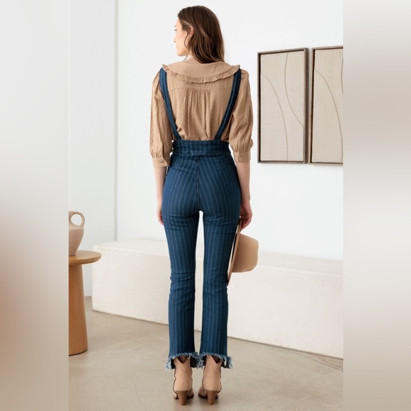 NWT-Striped Pattern Stretched Suspender Denim Jumpsuit - Picture 6 of 7